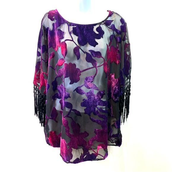 Jeans By Buffalo Top Black Burnout Sheer Velvet Fringe Whimsigoth Fairy Sz M - Picture 1 of 9